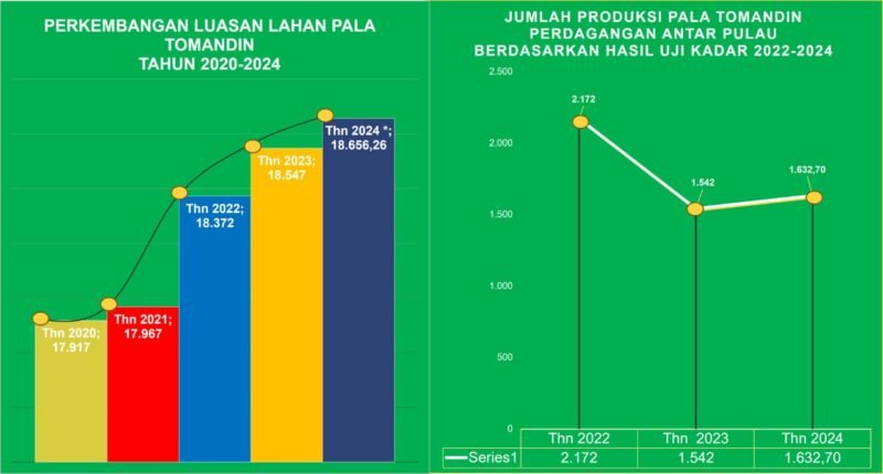 Diagram Luasan  lahan Pala dan Capaian Produksi Pala tahun 2020 hingga 2024
