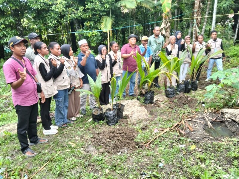 Mahasiswa Unimuda Sorong bersama Pemerintah Kabupaten Fakfak menggelar aksi nyata melalui penanaman kelapa hibrida di lingkungan permukiman Kampung Werba Utara, Distrik Fakfak Barat. (Foto. Bersama Plt. Dinas Perkebunan Fakfak Widhi Asmoro Jati).