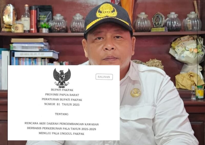 Kepala Dinas Perkebunan Fakfak Widhi Asmoro Jati, ST. MT., menjelaskan Peraturan Bupati (Perbup) Nomor 81 Tahun 2025 tentang Rencana Aksi Daerah (RAD) Pengembangan Kawasan Berbasis Perkebunan Pala Tahun 2025–2029.